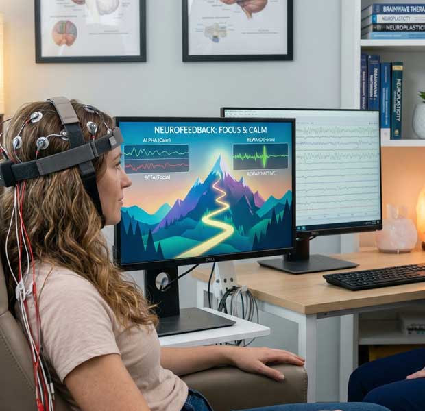 A woman getting Neurofeedback Therapy in Villanova, PA at Complete Mind Care of PA.