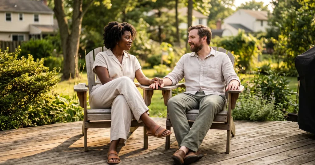 A couple holds hands quietly on a sunlit deck, working through when anxious depression differs from anxiety alone and what to raise with a clinician about TMS.
