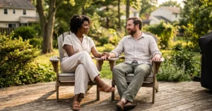 A couple holds hands quietly on a sunlit deck, working through when anxious depression differs from anxiety alone and what to raise with a clinician about TMS.