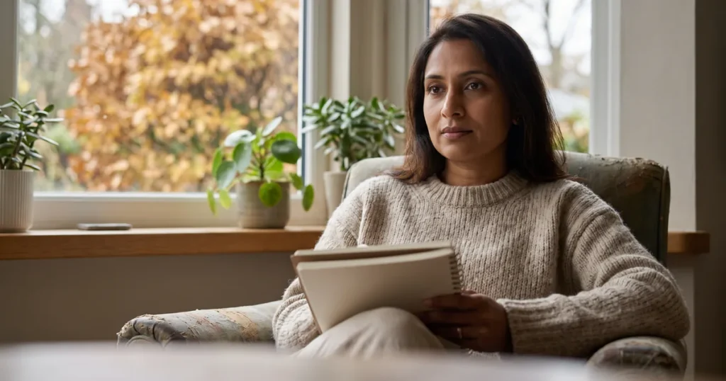 A woman pauses with her sketchbook in a plant filled reading nook, gathering her thoughts before a neurofeedback therapy session.