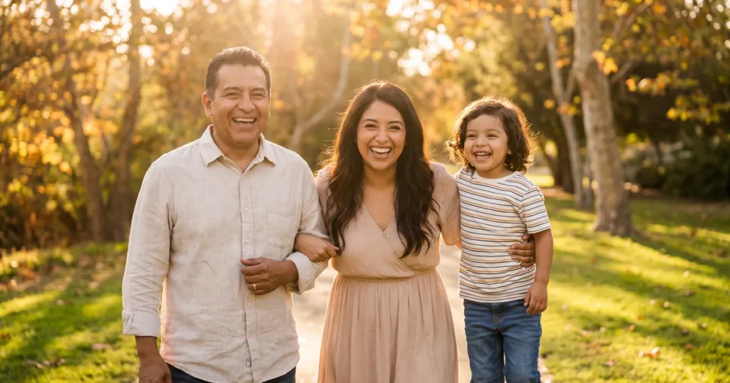 A father, mother, and young son laugh together on an autumn walk, a reminder that PTSD symptoms can look different from person to person.