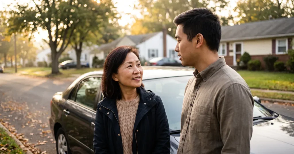 A woman and her adult son talk beside the car in the driveway, planning the ride and monitoring needed for an upcoming SPRAVATO treatment visit.