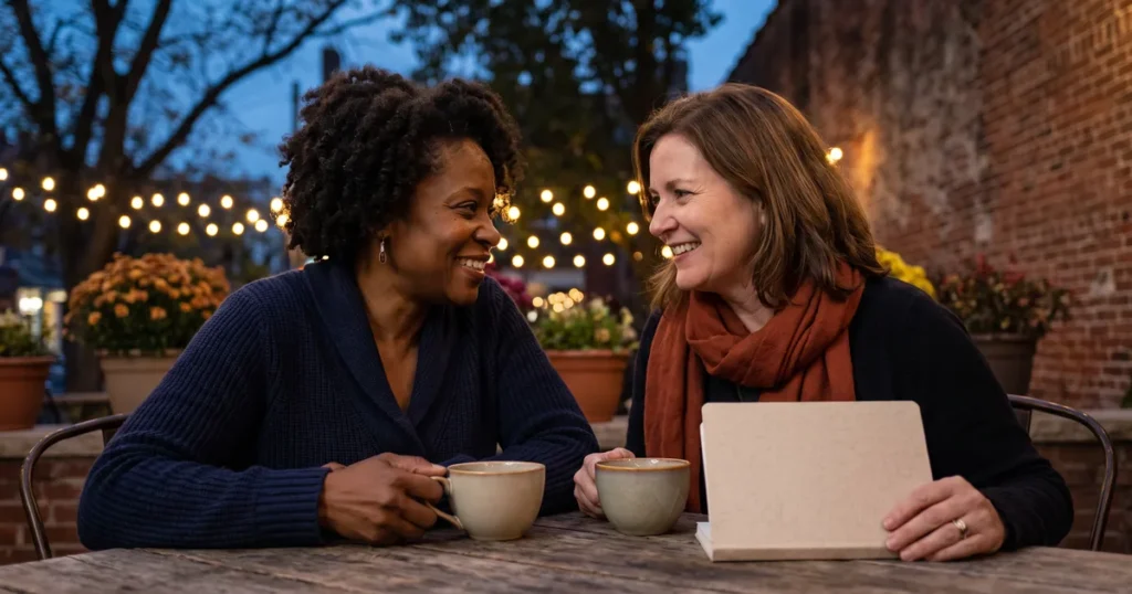 Two friends share tea outdoors in the evening, talking through the questions worth asking during a TMS therapy consultation.