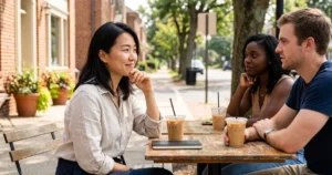 Three friends compare notes over iced coffee outdoors, easing into a conversation about how ADHD and anxiety can overlap before a mental health evaluation.